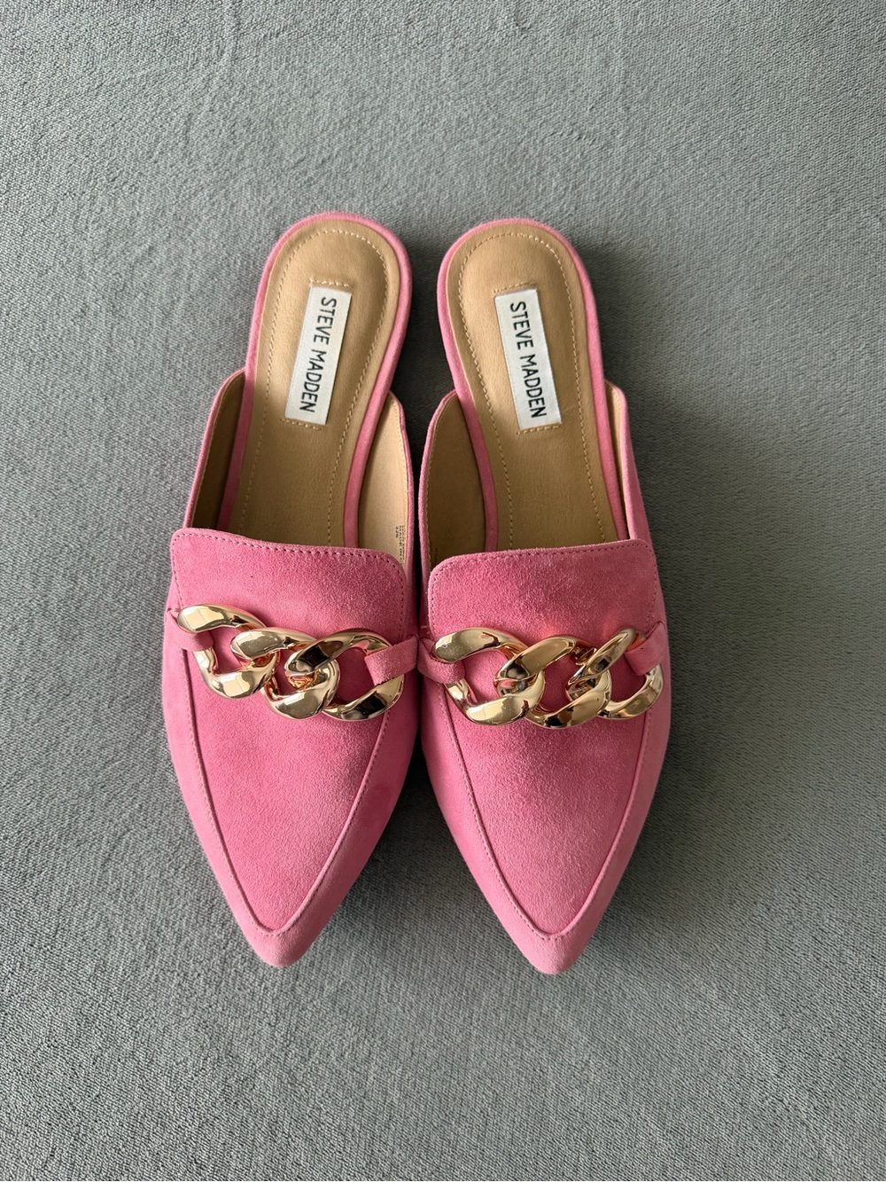 Steve Madden Pink Suede Pointed Chain-Trim Mules